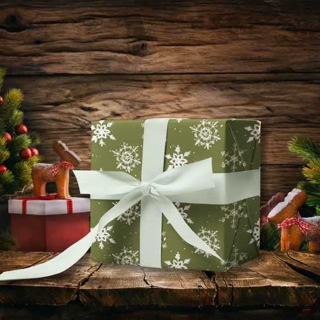 Papier Cadeau Flammes de neige de Noël hiver vert (Christmas Snowflakes Green winter Wrapping Paper)