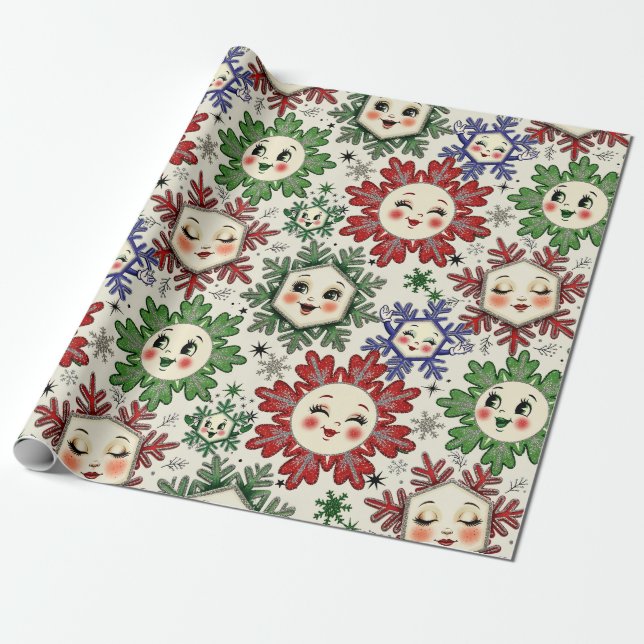 Papier Cadeau Flammes de neige de Noël rétro Whimsical (Déroulé)
