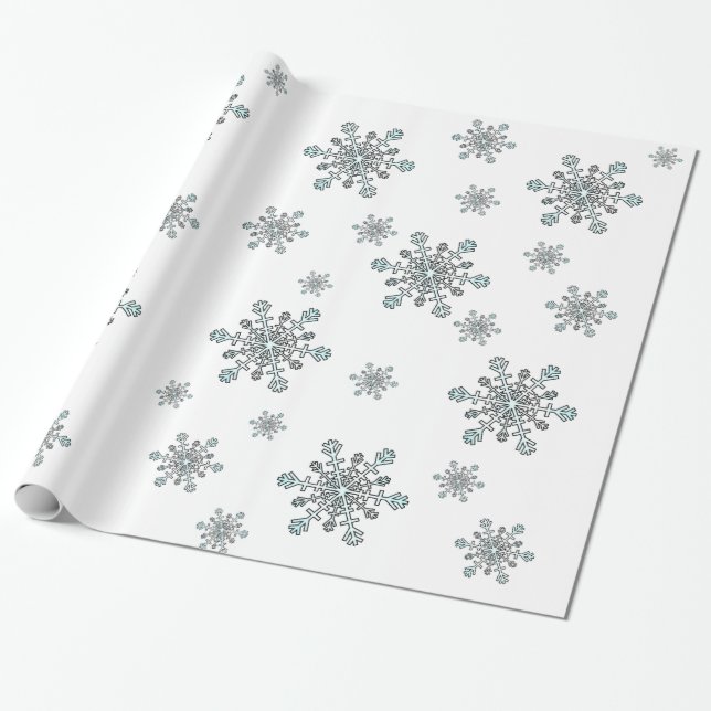 Papier Cadeau Flammes de neige en argent blanc et bleu sur blanc (Déroulé)