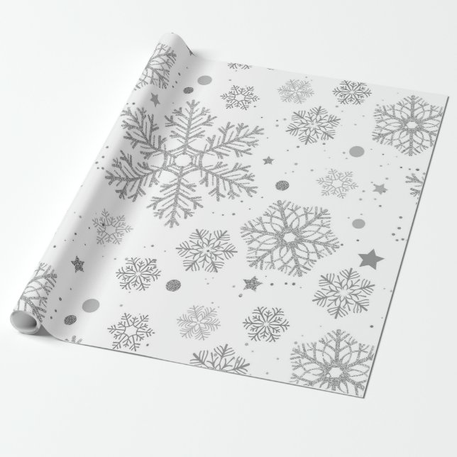 Papier Cadeau Flammes de neige en argent sur blanc (Déroulé)