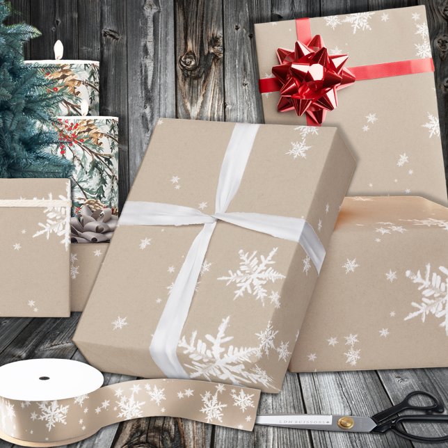 Papier Cadeau Flèche de neige blanche rustique Kraft hiver (Rustic Kraft Winter White Snowflakes Wrapping in 6 and 15 foot long 30 Inch Width Rolls
)