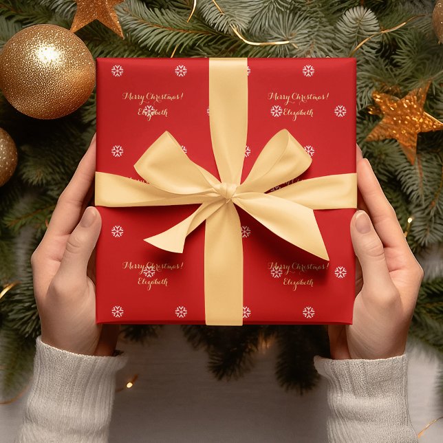 Papier Cadeau Flèches de neige rouges de Noël personnalisées Fau (Custom Christmas Red Snowflakes Faux Gold Script Wrapping Paper)