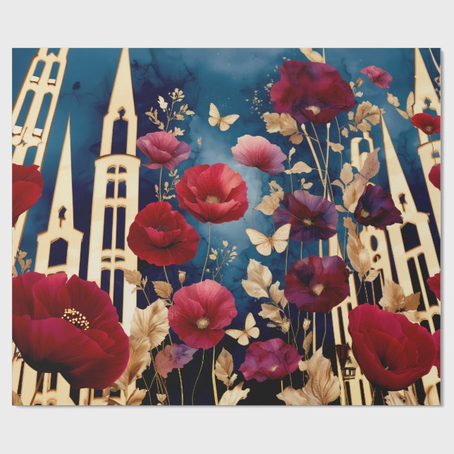 Papier Cadeau Flèches dorées et Fleurs écarlates (Plat)