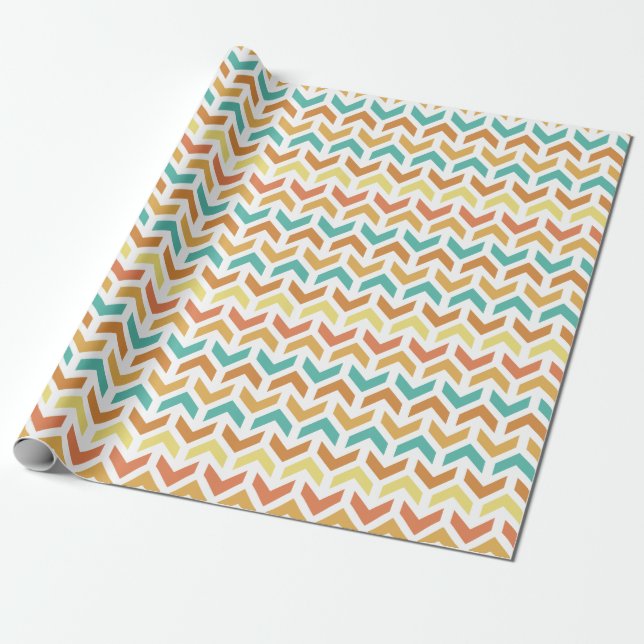 Papier Cadeau Flèches rétro Chevron Orange Or Turquoise (Déroulé)