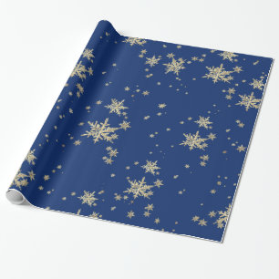Papier Cadeau Fléchettes De Neige Or Sur Bleu Marine