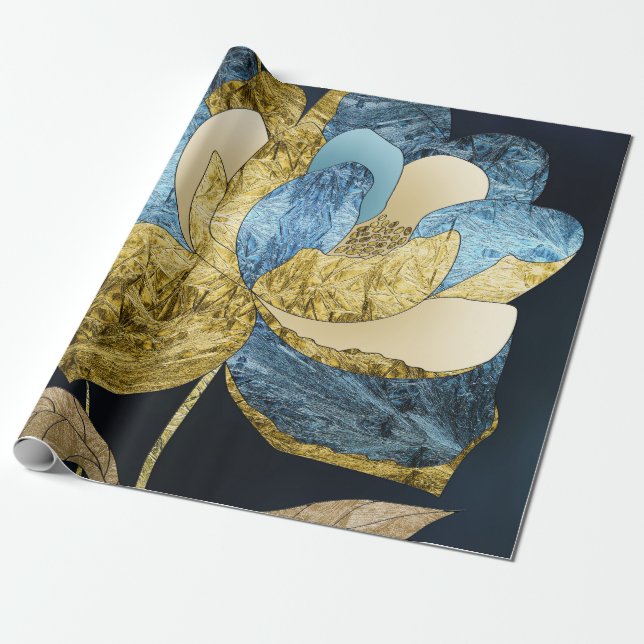 Papier Cadeau Fleur Abstraite bleue et or avec pétales texturés (Déroulé)