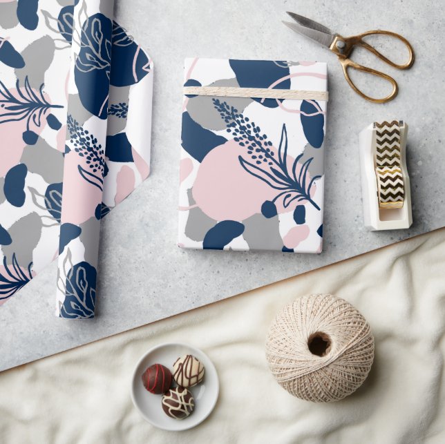 Papier Cadeau Fleur Artsy Abstrait | Navy Blue Blush Rose Grey (Artisanat)