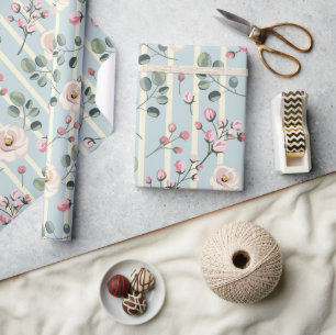 Papier Cadeau Fleur bleu clair rayée