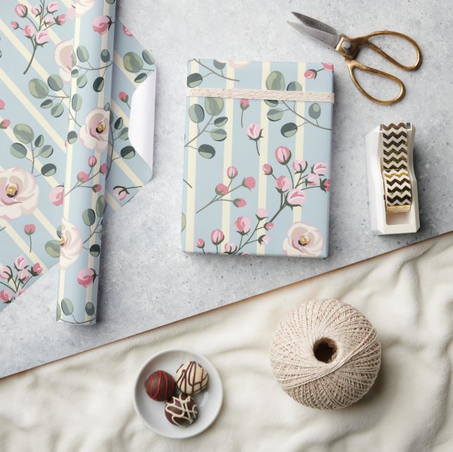 Papier Cadeau Fleur bleu clair rayée (Artisanat)