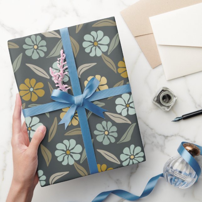 Papier Cadeau Fleur bleu et jaune rétro (Cadeaux)