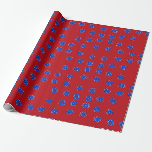 Papier Cadeau Fleur bleue en rouge (Déroulé)