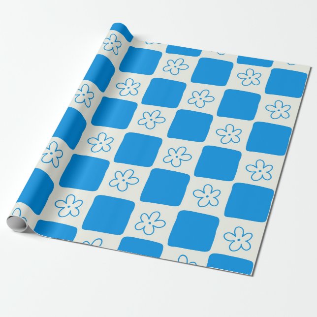 Papier Cadeau Fleur bleue Preppy À damiers Motif (Déroulé)