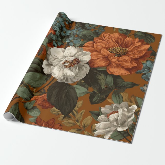 Papier Cadeau Fleur botanique verte orange brûlé rustique gras (Déroulé)