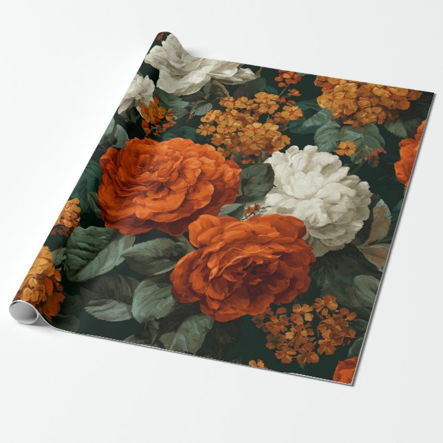 Papier Cadeau Fleur botanique verte orange brûlé rustique gras (Déroulé)