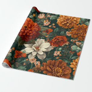 Papier Cadeau Fleur botanique verte orange brûlé rustique gras