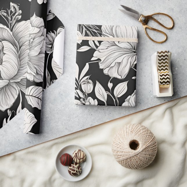 Papier Cadeau Fleur Classique Noir et Blanc Vintage (Artisanat)