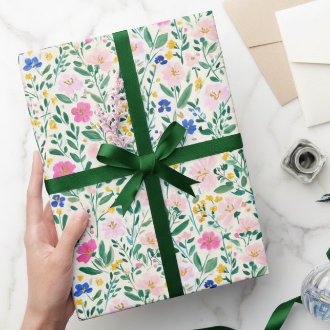 Papier Cadeau Fleur colorée de fleurs sauvages  (colorful fun wildflower floral gift wrap with pink flowers and greenery)