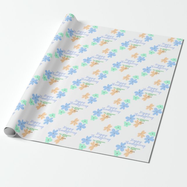 Papier Cadeau Fleur d'aquarelle bleu orange vert hiverMerci (Déroulé)