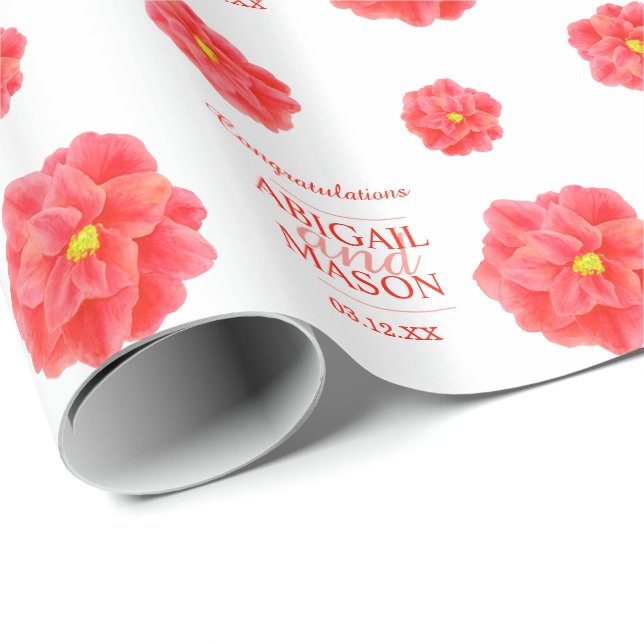 Papier Cadeau Fleur d'aquarelle Camellia rouge blanc mariage env (Coin rond)