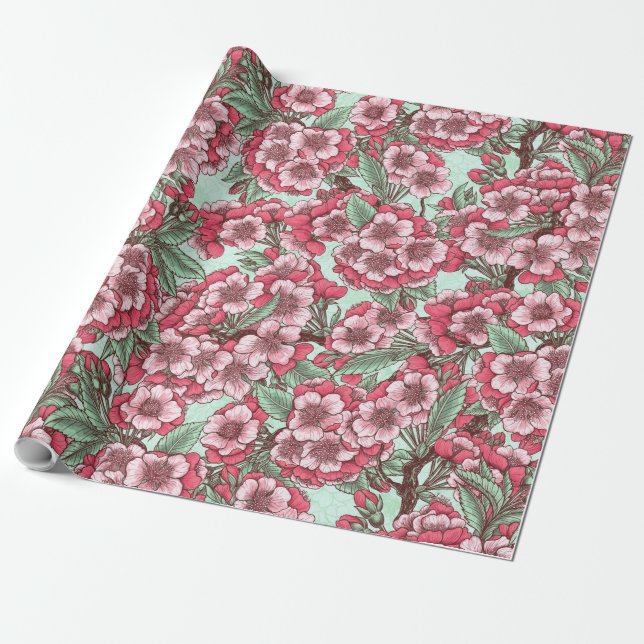 Papier Cadeau Fleur de cerisier rose et menthe (Déroulé)