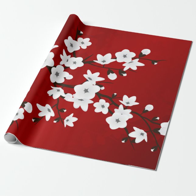 Papier Cadeau Fleur de cerisier rouge et blanc (Déroulé)
