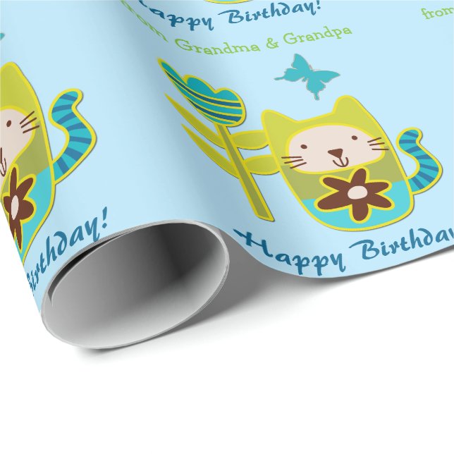 Papier Cadeau Fleur de chat Kitty Anniversaire Petit-enfant (Coin rond)