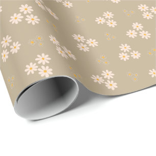 Papier Cadeau Fleur de crème rétro et de marguerite dorée