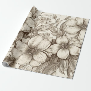 Papier Cadeau Fleur de ferme neutre Sépia Crème Botanique