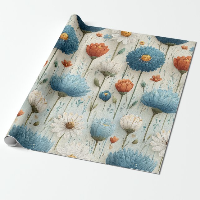 Papier Cadeau Fleur de fleur sauvage bleu orange  (Déroulé)