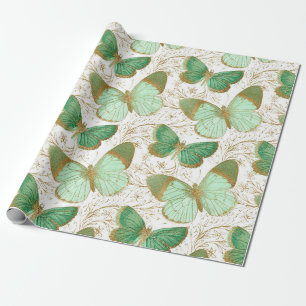 Papier Cadeau Fleur de fleurs florales blanches du papillon vert