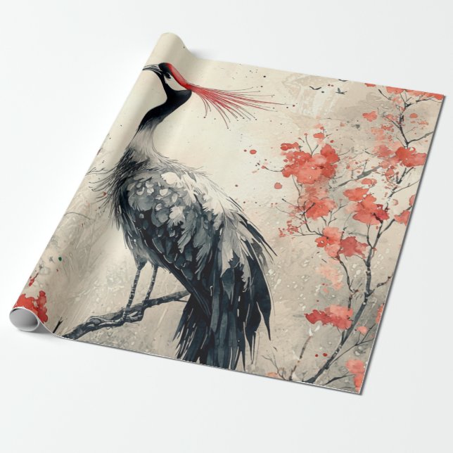Papier Cadeau Fleur de Grue Rouge Lavis d'Encre (1) (Déroulé)