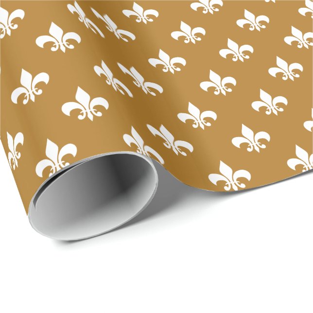 Papier Cadeau Fleur de lis blanc sur Mat Gold (Coin rond)