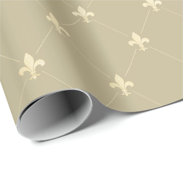 Papier Cadeau Fleur-de-Lis d'or sur Dusky Latte Brown (Coin rond)