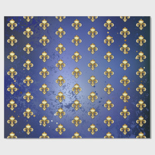 Papier Cadeau Fleur de lis dorée sur fond bleu