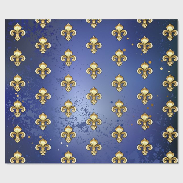 Papier Cadeau Fleur de Lis dorée sur fond bleu (Plat)