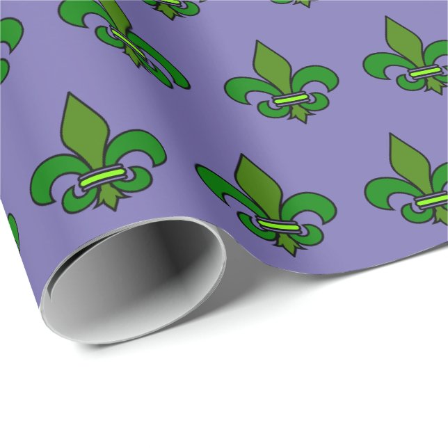 Papier Cadeau Fleur de Lis Mardi Gras Violet et Ve (Coin rond)