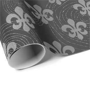 Papier Cadeau Fleur de Lis Métallo Argent Cercles gris Noir