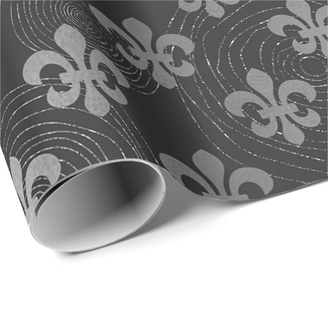 Papier Cadeau Fleur de Lis Métallo Argent Cercles gris Noir (Coin rond)
