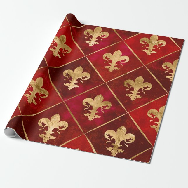 Papier Cadeau Fleur de lis motif luxe rouge (Déroulé)