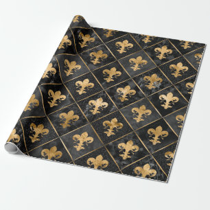 Papier Cadeau Fleur de lis motif Marbre noir et or