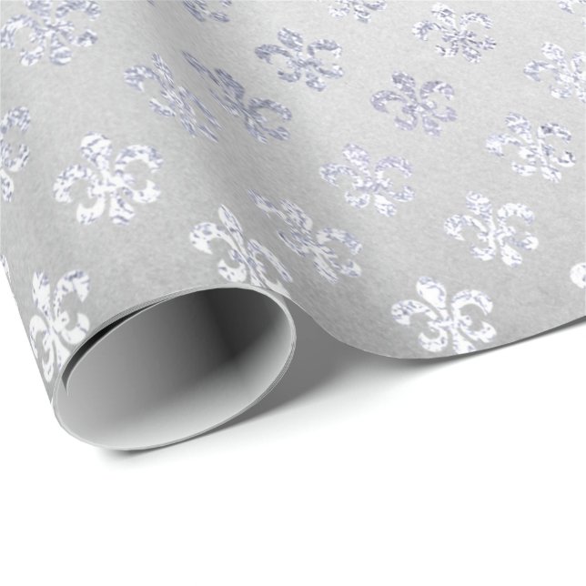 Papier Cadeau Fleur De Lis Royal Iris Gris Argent (Coin rond)