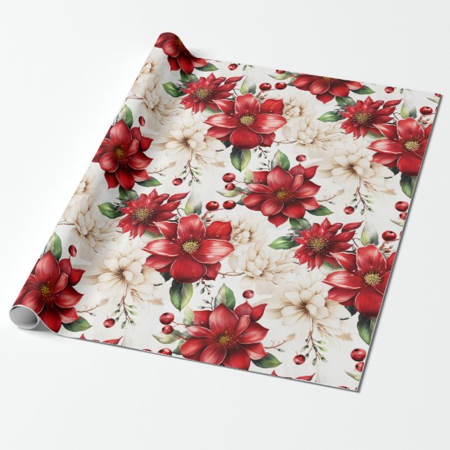 Papier Cadeau Fleur de Noël Poinsettia Motif vert rouge (Déroulé)