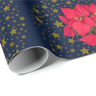 Papier Cadeau Fleur de Noël rouge et étoiles d'or brillant
