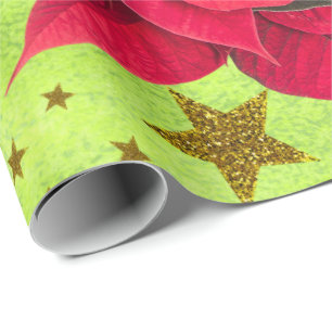 Papier Cadeau Fleur de Noël rouge, étoiles d'or sur vert abstrai