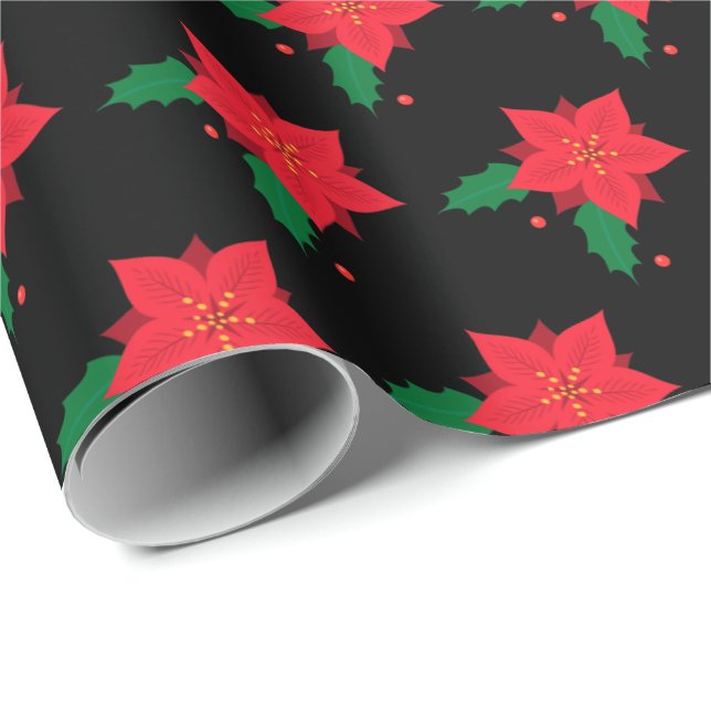 Papier Cadeau Fleur de Noël rouge Poinsettia sur le noir (Coin rond)