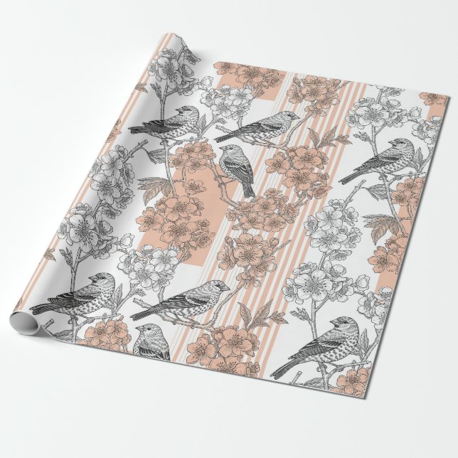 Papier Cadeau Fleur de oiseau élégant à rayures pêche (1) (Déroulé)