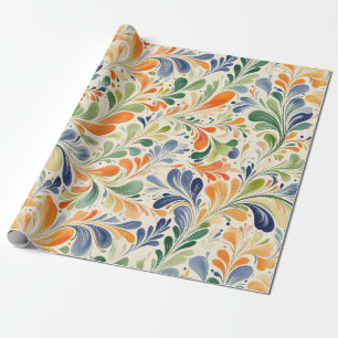 Papier Cadeau Fleur de Paisley Vintage Orange Bleu Vert