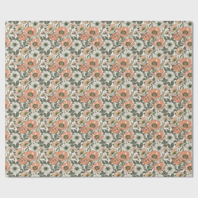 Papier Cadeau Fleur de pavot pêche crème (Plat)
