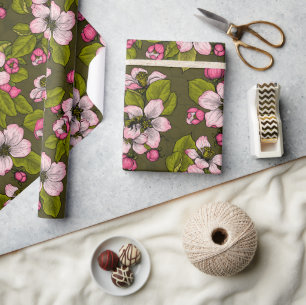 Papier Cadeau Fleur de pomme sur vert foncé