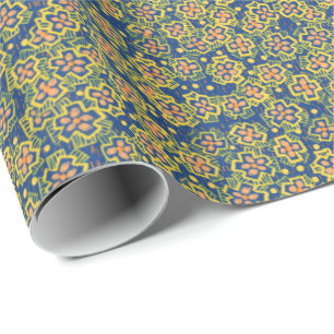 Papier Cadeau Fleur de printemps, bleu et jaune, motif floral